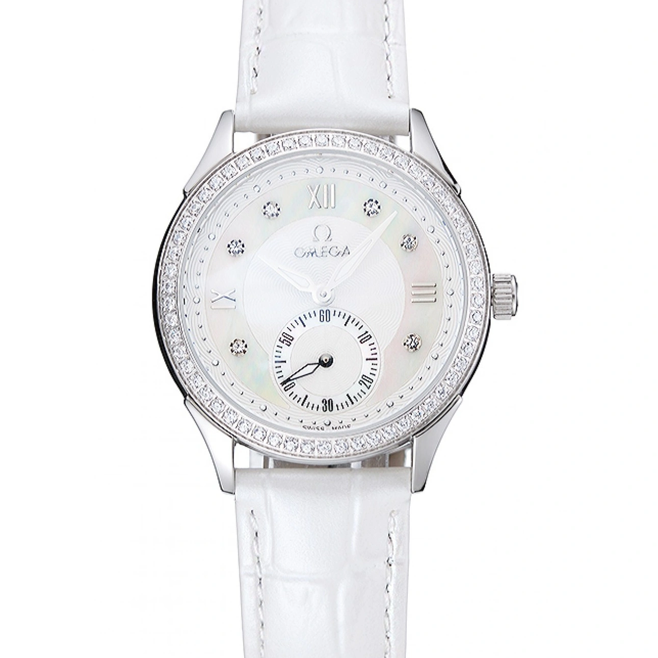 1013 Omega DeVille Prestige White Dial Silver Diamond Case White Leather Bracelet 1454119